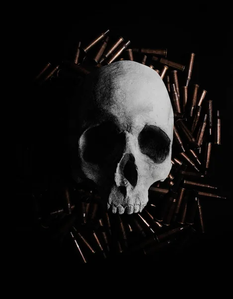 Crânio humano colocado em uma pilha de cartuchos de arma . — Fotografia de Stock
