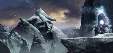 Yanan sihirli totem ile Viking Dağı Vadisi 'nin 3D çizimi.