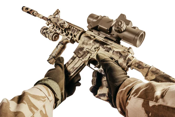 First Person View Shooter Desert Soldier Hands Camouflaged Shirt Tactical — Stok Foto