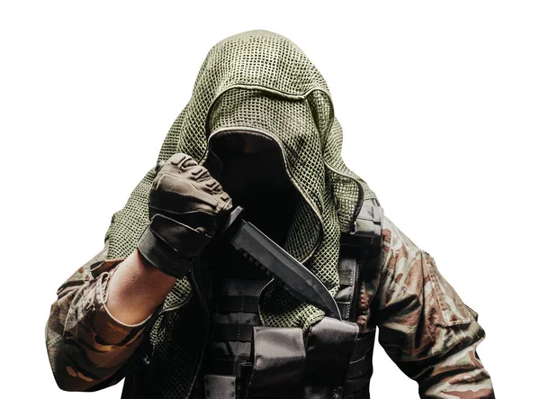 Isolated Photo Fully Equipped Camouflaged Soldier Tectical Net Scarf Tactical — Stock Photo, Image