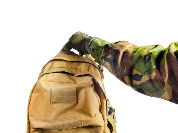 Πρώτο Πρόσωπο Δείτε Απομονωμένο Στρατιώτη Χέρι Τακτικά Γάντια Και Καμουφλαρισμένο — Φωτογραφία Αρχείου