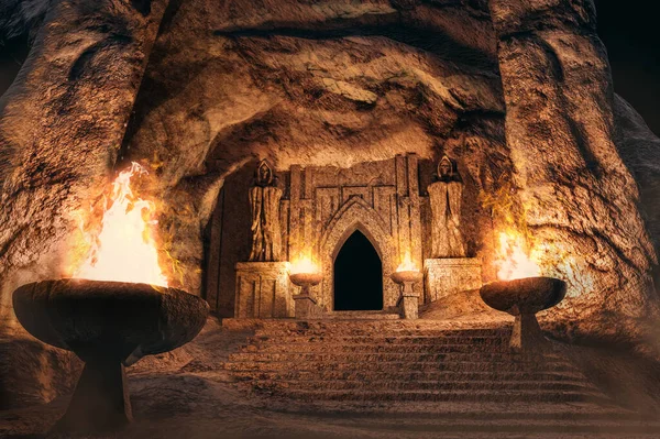 Render Environtment Illustration Temple Entrance Cave Monk Statues Burning Torches — Stock Photo, Image