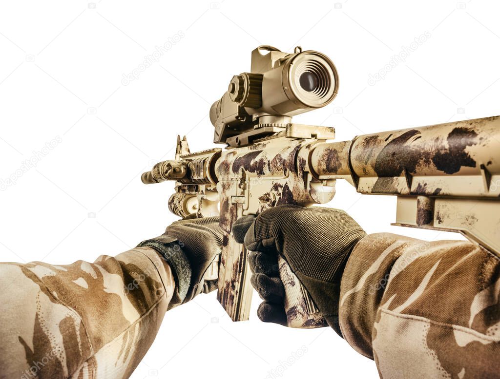 First person view shooter desert soldier hands in camouflaged shirt and tactical gloves holding rifle with scope isolated on white background.