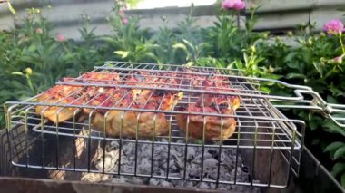 Izgara et şişleri, barbekü. Ağır çekimde açık havada ızgara yapılan kalın bir biftek.