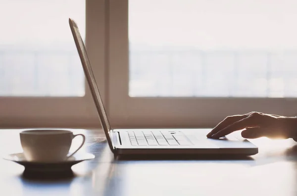 Man Arbetar Med Bärbar Dator Hemma Affärsman Som Använder Laptop — Stockfoto