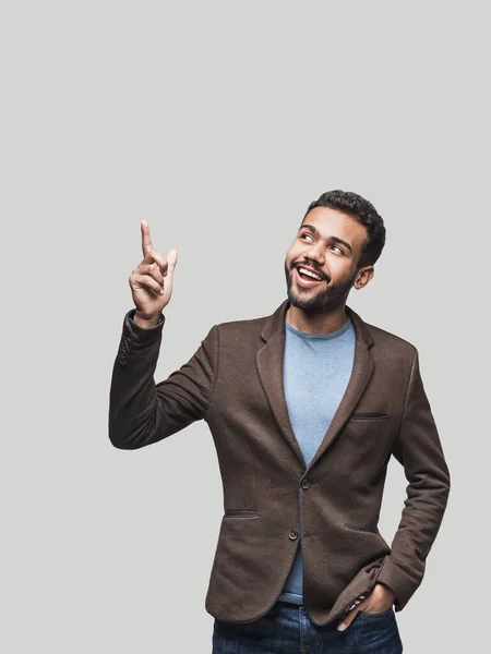 Portrait Handsome Smiling Young Man Pointing Laughing Joyful Cheerful Men — Stock Photo, Image