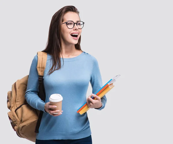 Studioporträt Einer Schönen Studentin Junge Lächelnde Studentin Mit Büchern Und — Stockfoto