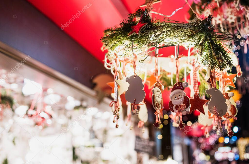 Sales of beautiful Christmas decorations on the traditional Christmas market fair in Europe