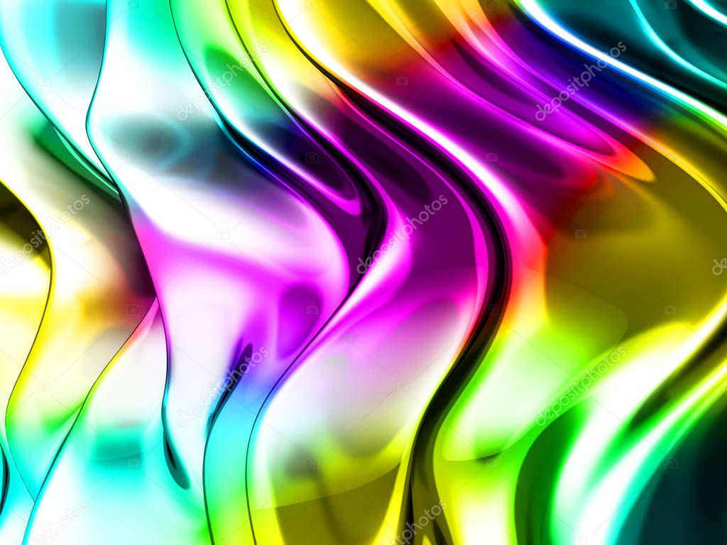 Abstract wavy glossy colorful shiny metallic background. 3d render illustration