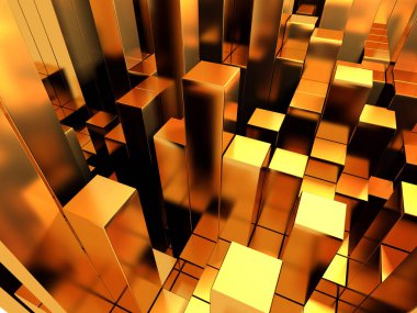 Soyut geometrik arka planda küpleri altın sarısı. 3D render.