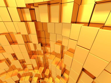 Soyut geometrik arka planda küpleri altın sarısı. 3D render.