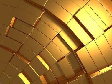 Soyut geometrik arka planda küpleri altın sarısı. 3D render.