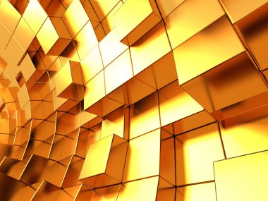 Soyut geometrik arka planda küpleri altın sarısı. 3D render.