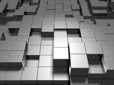 Soyut geometrik arka planda küpler metalik gümüş. 3D render.