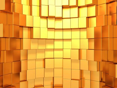 Soyut geometrik arka planda küpleri altın sarısı. 3D render.