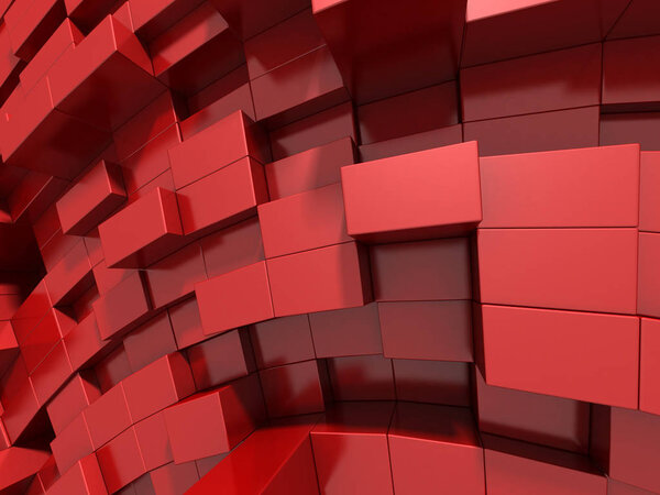 Abstract geometric background in red of cubes. 3d rendering.