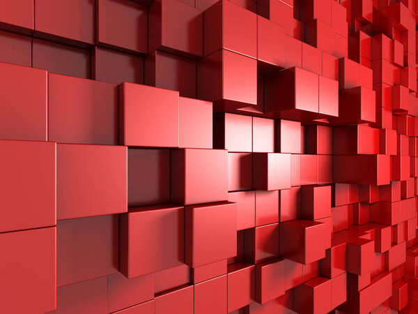 Abstract geometric background in red of cubes. 3d rendering.