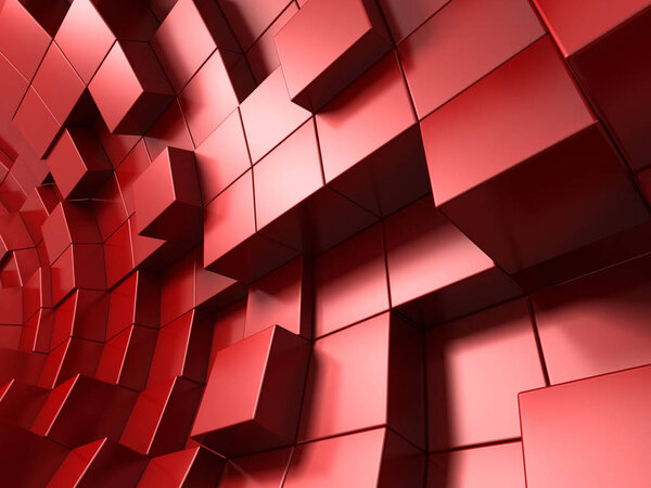 Abstract geometric background in red of cubes. 3d rendering.