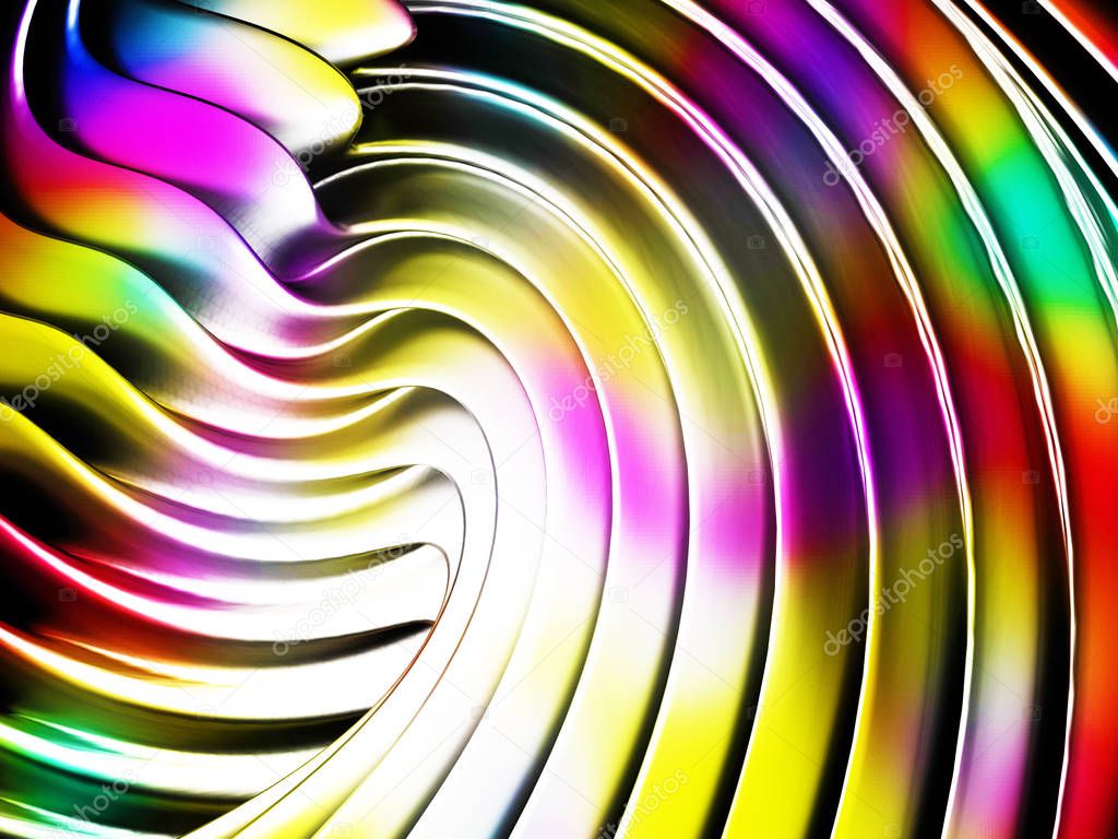 Abstract wavy glossy colorful shiny metallic background. 3d render illustration.
