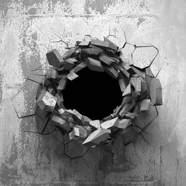 Cracked hole in grungy concrete wall.