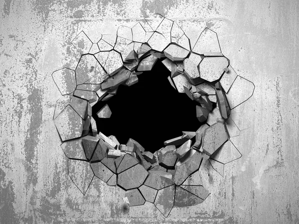 Cracked hole in grungy concrete wall.