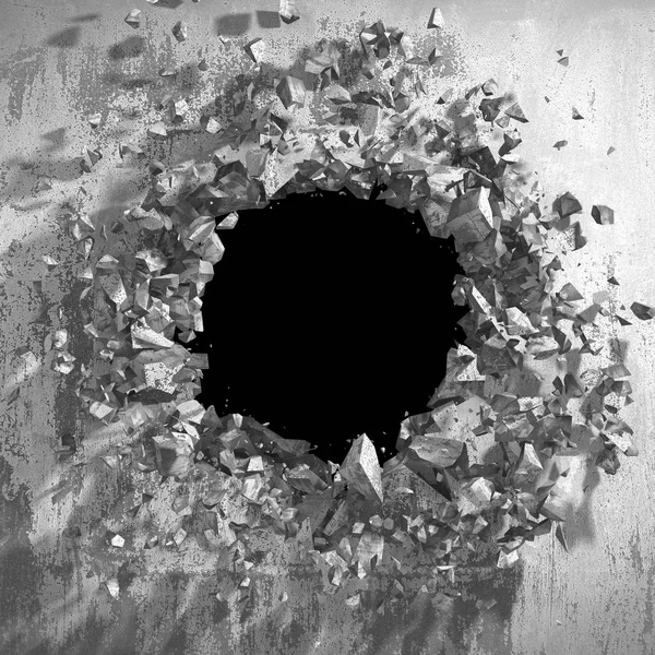 Cracked hole in grungy concrete wall.