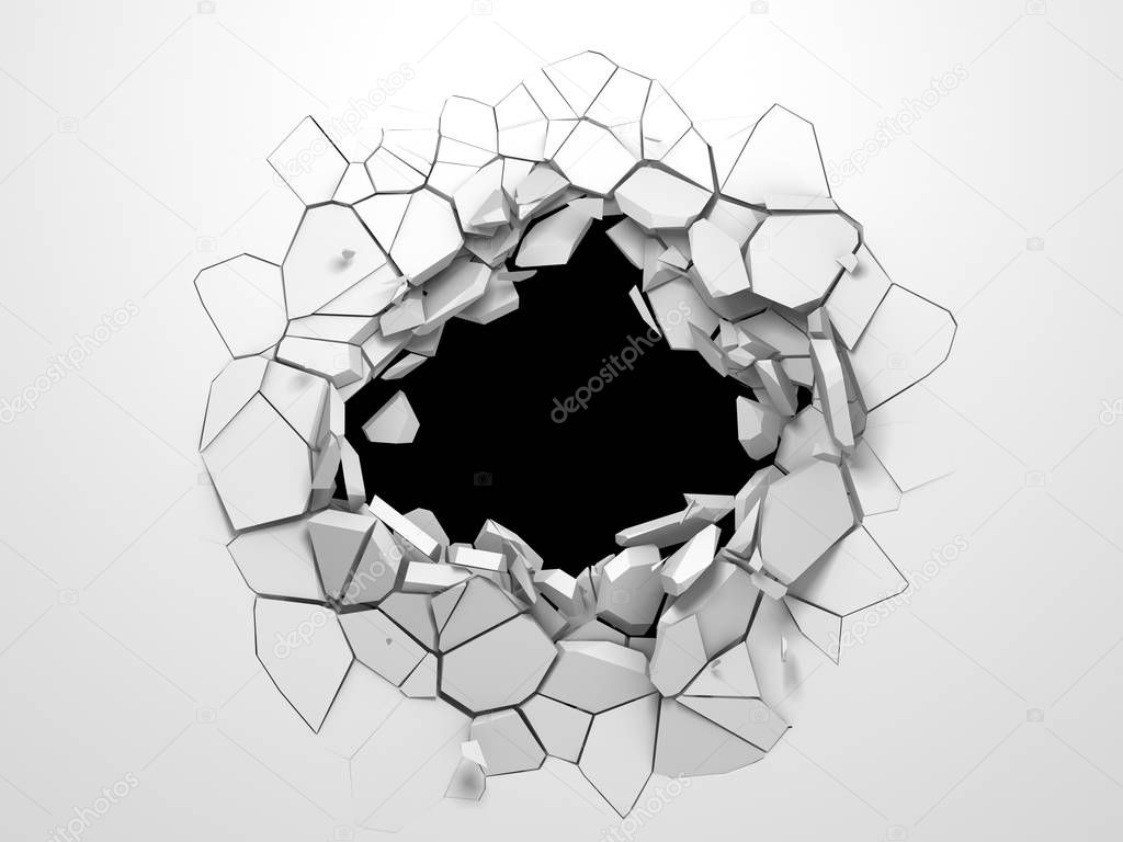 Cracked hole in white stone wall.