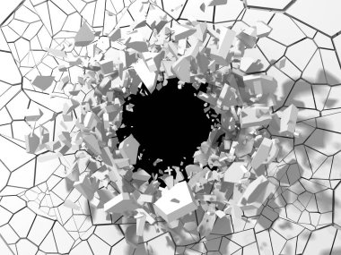 Cracked hole in white stone wall. clipart