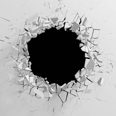 Karanlık imha beyaz taş duvarı kırık. 3D render illüstrasyon