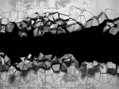 Karanlık kırık duvarda beton duvar kırık. Grunge arka plan. 3D render illüstrasyon