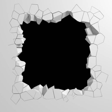 Karanlık imha beyaz taş duvarı kırık. 3D render illüstrasyon