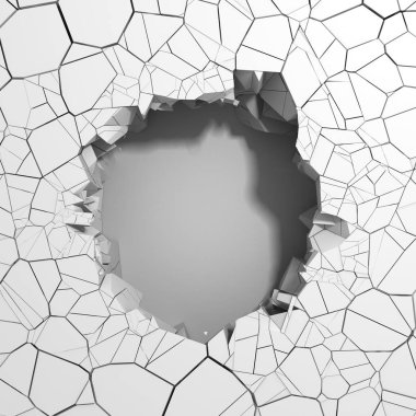 Karanlık imha beyaz taş duvarı kırık. 3D render illüstrasyon