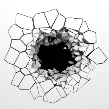 Karanlık imha beyaz taş duvarı kırık. 3D render illüstrasyon
