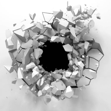Karanlık imha beyaz taş duvarı kırık. 3D render illüstrasyon