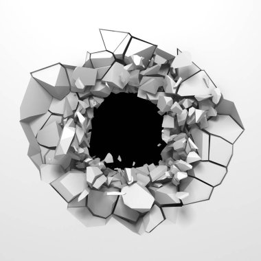 Karanlık imha beyaz taş duvarı kırık. 3D render illüstrasyon