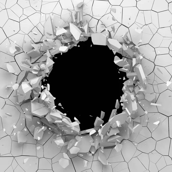 Dark Destruction Cracked Hole White Stone Wall Render Illustration — Stock Photo, Image