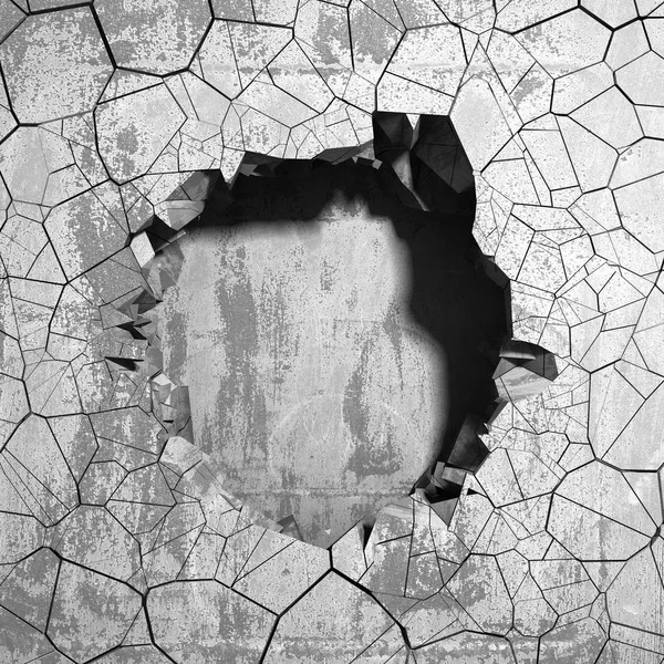 Dark cracked broken wall in concrete wall. Grunge background. 3d render illustration