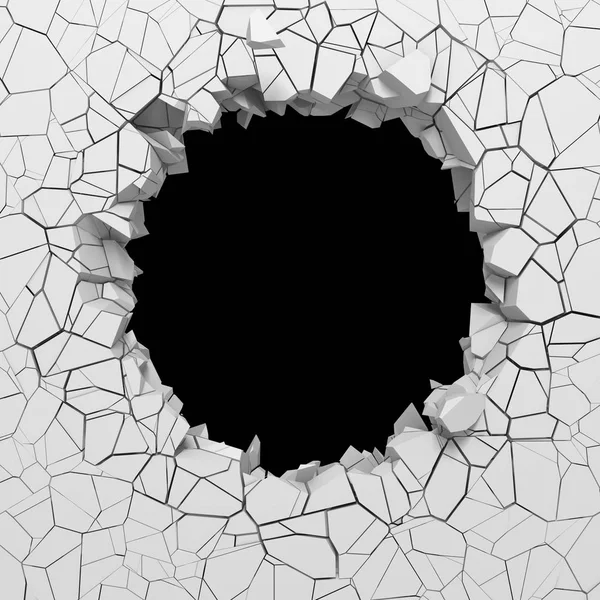 Σκοτεινή Καταστροφή Ραγισμένα Τρύπα Στο Λευκό Πέτρινο Τοίχο Απεικόνιση Απόδοσης — Φωτογραφία Αρχείου