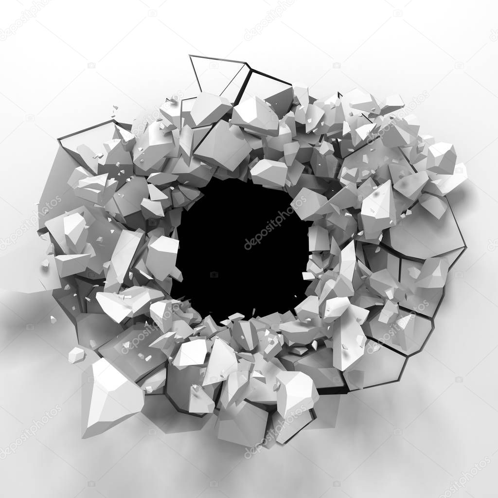 Dark destruction cracked hole in white stone wall. 3d render illustration