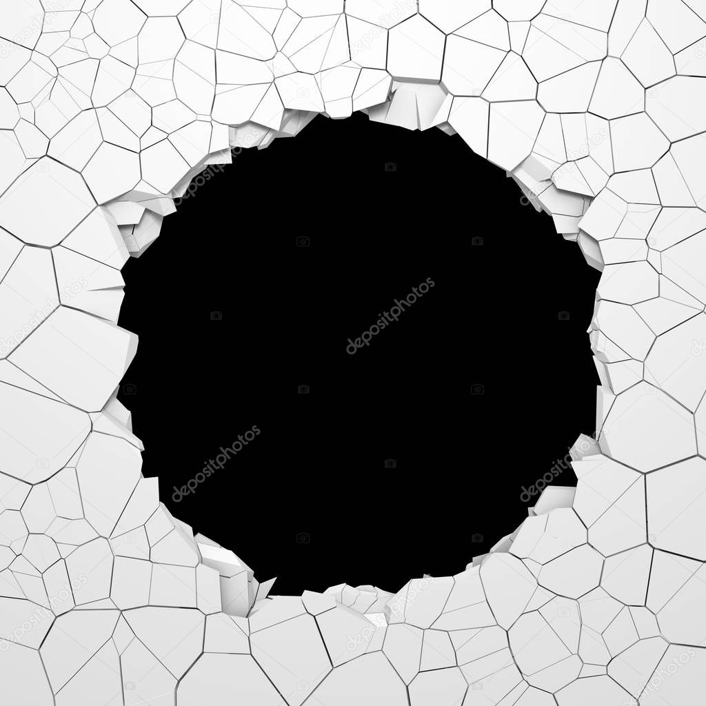 Dark destruction cracked hole in white stone wall. 3d render illustration