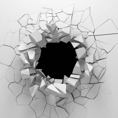 Karanlık imha beyaz taş duvarı kırık. 3D render illüstrasyon