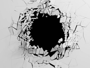 Karanlık imha beyaz taş duvarı kırık. 3D render illüstrasyon