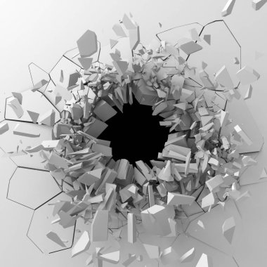 Karanlık imha beyaz taş duvarı kırık. 3D render illüstrasyon