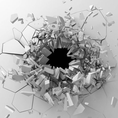 Karanlık imha beyaz taş duvarı kırık. 3D render illüstrasyon