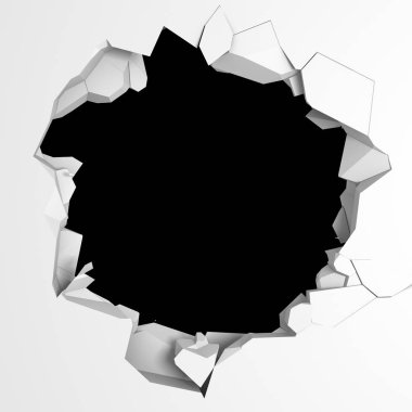 Karanlık imha beyaz taş duvarı kırık. 3D render illüstrasyon