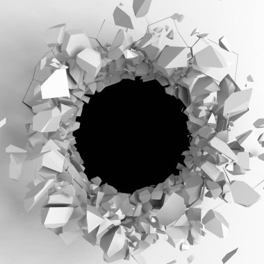 Karanlık imha beyaz taş duvarı kırık. 3D render illüstrasyon