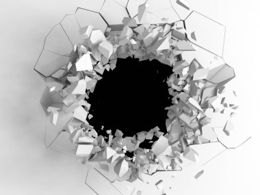Karanlık imha beyaz taş duvarı kırık. 3D render illüstrasyon