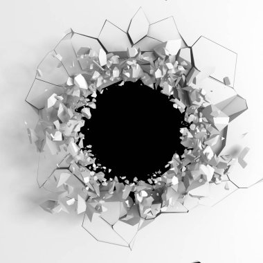 Karanlık imha beyaz taş duvarı kırık. 3D render illüstrasyon