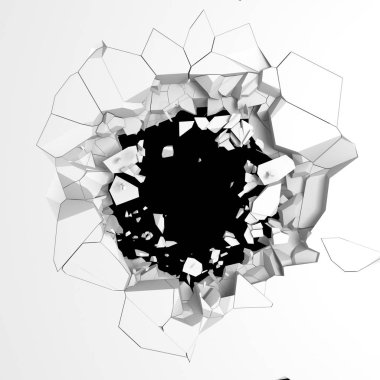 Karanlık imha beyaz taş duvarı kırık. 3D render illüstrasyon