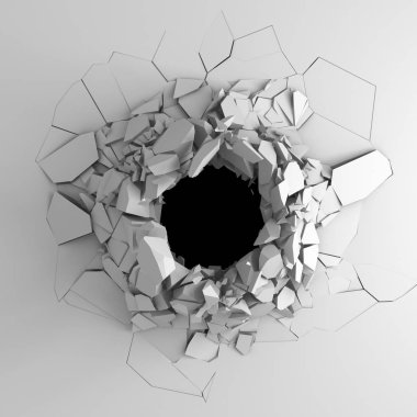 Karanlık imha beyaz taş duvarı kırık. 3D render illüstrasyon